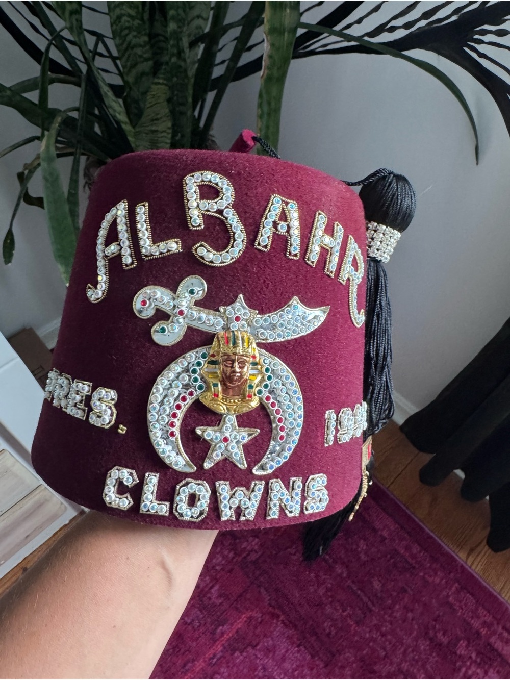 Embroidered Maroon Fez Hat with Rhinestoneo Crest